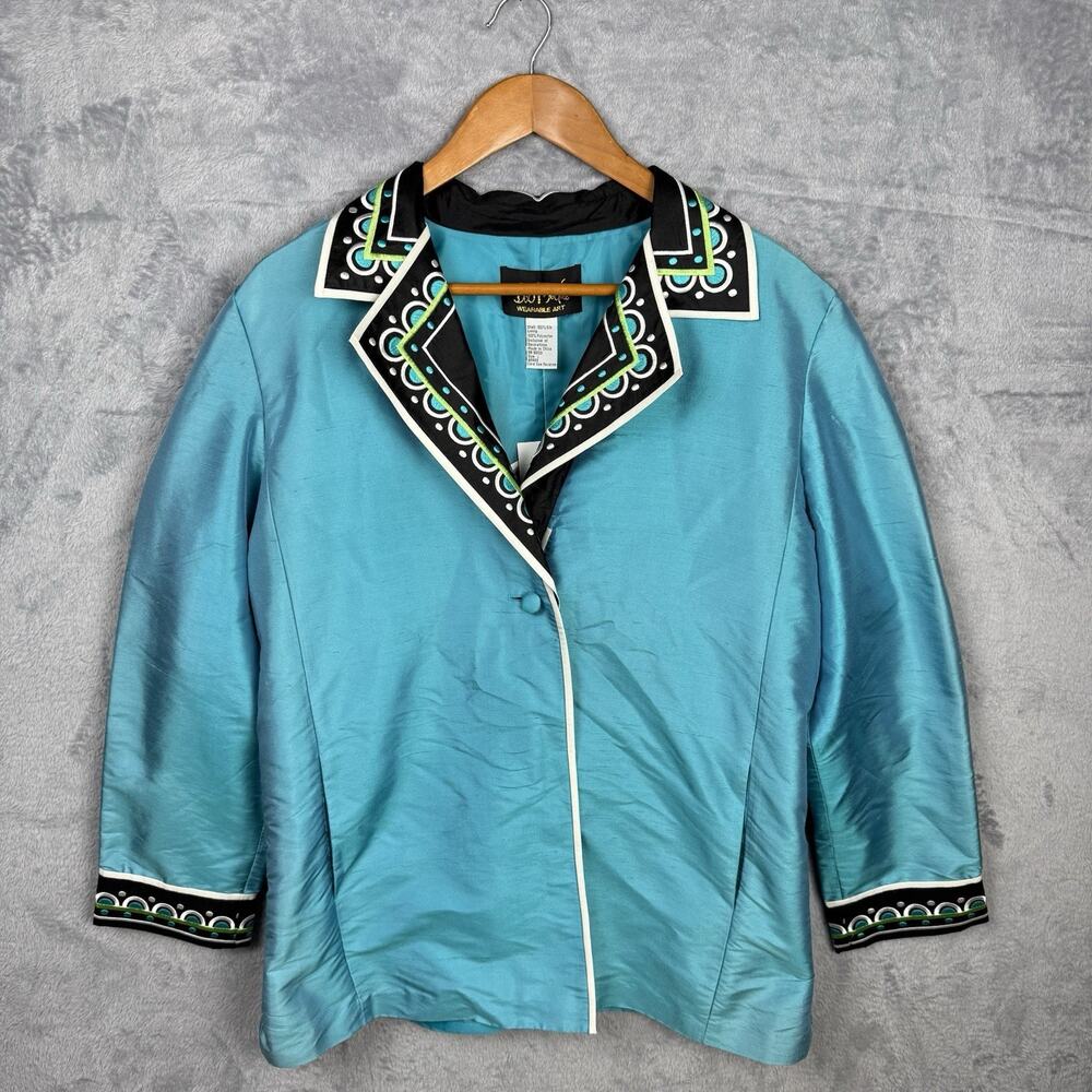 Bob Mackie Women's Wearable Art Blue Silk Jacket Blazer Large NWT embroidered